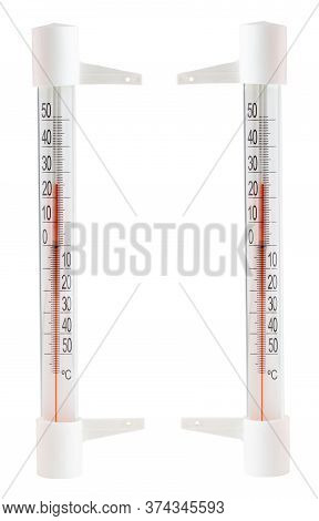 Set Of Two Soviet Outdoor Red Mercury Window Thermometer Isolated On White Background - Fof Left And