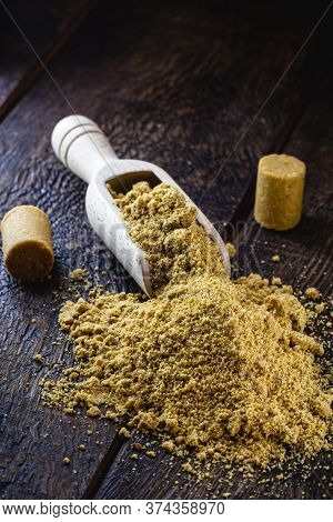 Ground Peanut Powder, On A Rustic Table, Called Brazilian Paçoca.