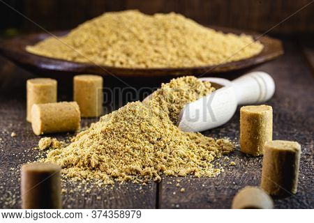 Ground Peanut Powder, On A Rustic Table, Called Brazilian Paçoca.