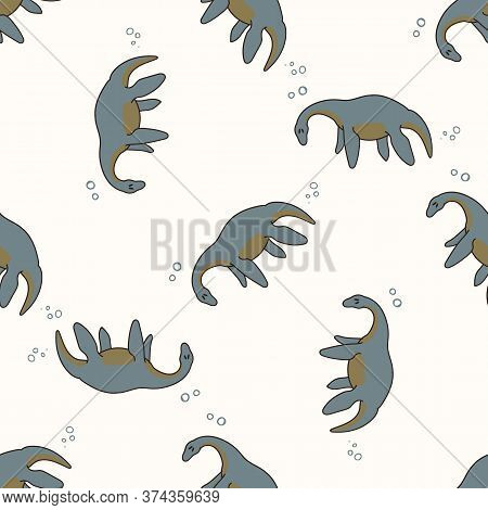 Seamless Background Plesiosaurus Dinosaur With Bubble Gender Neutral Baby Pattern. Simple Whimsical 