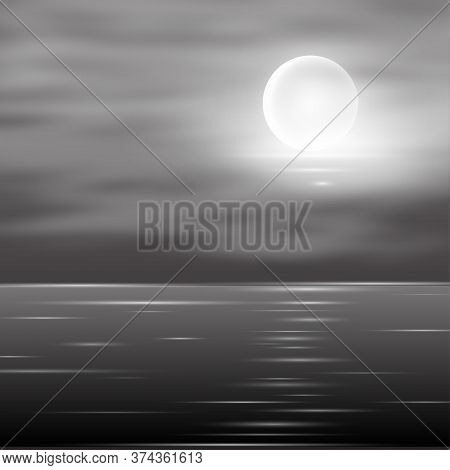 View To Full Moon At The Night Time On Sea.lunar Reflection On The Water. Vector Background