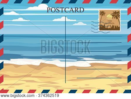 Postacrd Summer Vintage Beach Seaside Ocean. Vacation Travel Design Card With Postage Stamp. Vector 