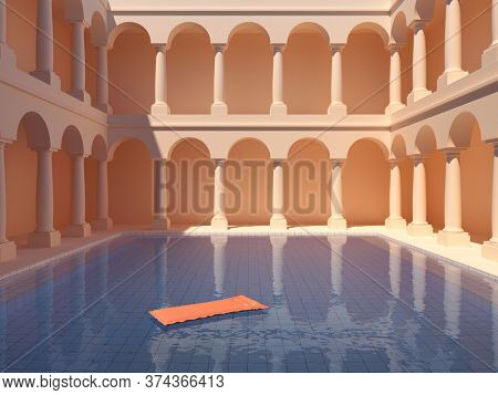 Courtyard with columns and swimming pool, conceptual art, 3D illustration, rendering.
