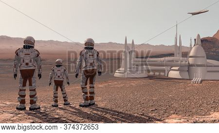 Family Colonists Immigrants To Mars, A Man, A Woman And A Child Admire The Martian Landscape, The Ci