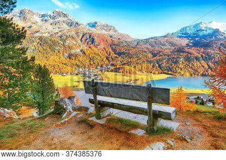Awesome Autumn Panorama Of Silvaplana Lake And Surlej Village. Location: Silvaplana, Maloya District
