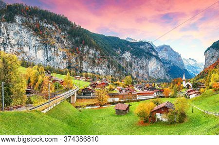 Astonishing Autumn View Of Lauterbrunnen Valley With Gorgeous Staubbach Waterfall And Swiss Alps In 