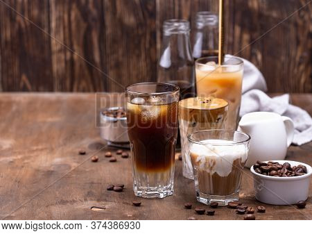 Different Trendy Coffee Drink. Cold Brew Coffee, Espresso Tonic, Ice Cream Latte And Dalgona Coffee
