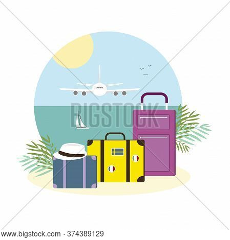 Vacation Travelling Logo Concept. Flat Design Vector Illustration, Holiday, Travel Bags