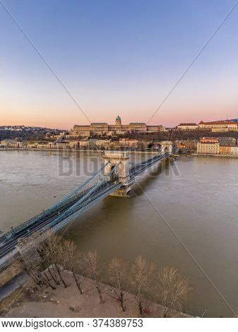 Aerial Drone Shot Of Chain Bridge Before Buda Castle Before Budapest Sunrise