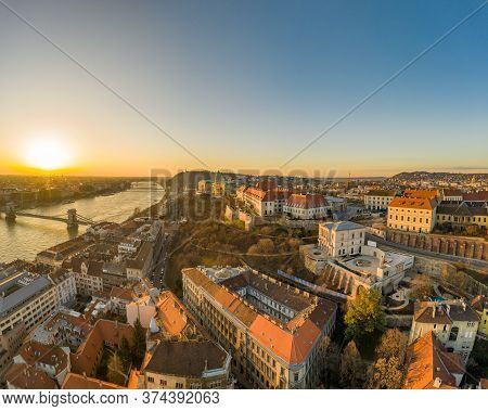 Aerial Drone Shot Of Buda Castle On Buda Hill During Budapest Sunrise Morning Glow