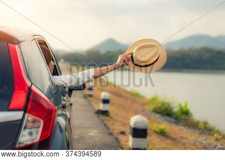 Woman At Spree Time Relaxing And Enjoying Road Trip. Young Asian Happines Female Inside Compact Blac