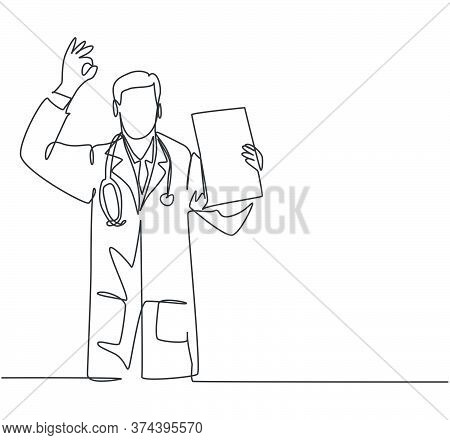 One Single Line Drawing Of Young Happy Male Doctor Showing Medical To Do List Task On Clipboard And 