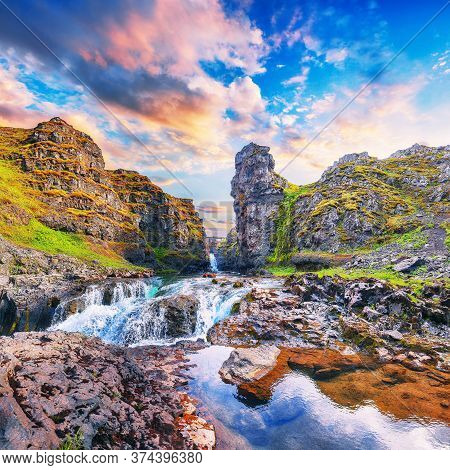 Spectacular View Of  Kolugljufur Canyon And Kolufossar Falls. Kolugljufur Gorge Is Located On River 