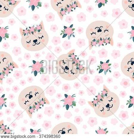 Cute Seamless Pattern With Sleeping Cats Heads And Flowers. Hand Drawn Background With Animal For Ch