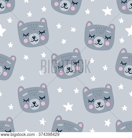Seamless Pattern With Cat Head Face With Closed Eyes. Cute Cartoon Funny Character On Grey Backgroun