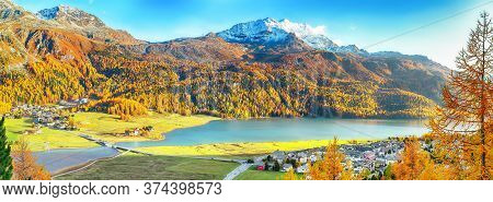 Awesome Autumn Panorama Over Silvaplana Lake And Village. Location: Silvaplana, Maloya District, Eng
