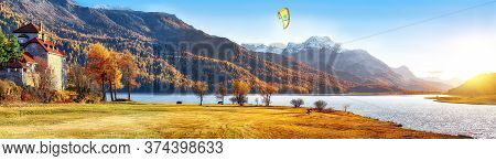 Fantastic Autumn View Of Crap Da Sass Castle On Silvaplana Lake. Location: Silvaplana, Maloya Distri