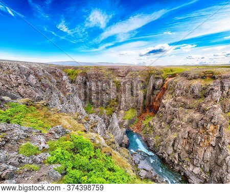 Spectacular View Of  Kolugljufur Canyon And Kolufossar Falls. Kolugljufur Gorge Is Located On River 