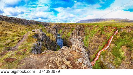 Spectacular View Of  Kolugljufur Canyon And Kolufossar Falls. Kolugljufur Gorge Is Located On River 