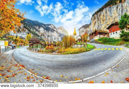 Astonishing Autumn View Of Lauterbrunnen Valley With Gorgeous Staubbach Waterfall And Swiss Alps In 
