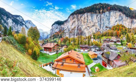 Astonishing Autumn View Of Lauterbrunnen Valley With Gorgeous Staubbach Waterfall And Swiss Alps In 