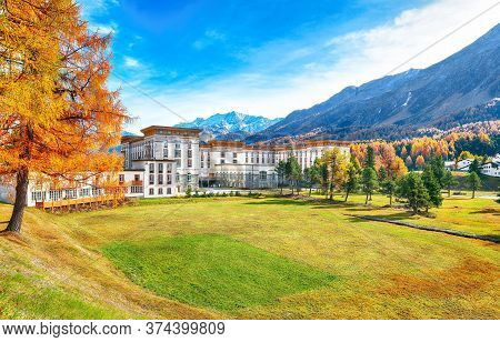 Awesome Autumn Scene In Swiss Alps And Maloja Palace. Colorful Autumn Scene Of Swiss Alps. Location: