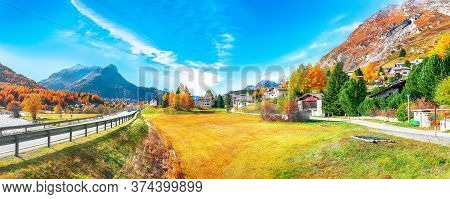 Awesome Autumn Scene In Maloja Village And Asphalt Road On The Shore Of Sils Lake(silsersee). Locati