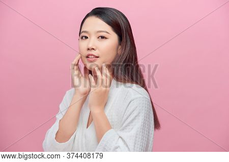 Beautiful Asian Young Woman Touching Soft Cheek Smile With Clean And Fresh Skin Happiness And Cheerf