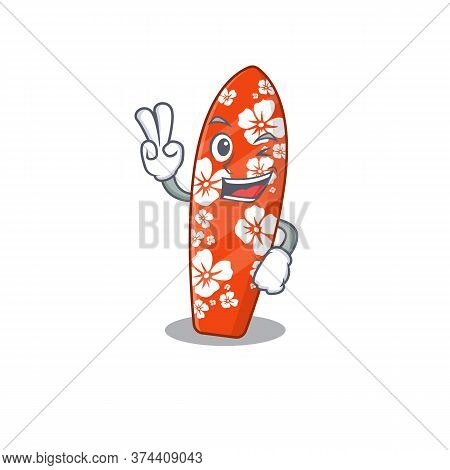 A Joyful Surfboard Cartoon Mascot Style Show Two Fingers Pose