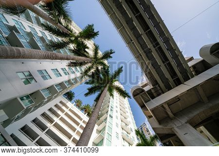 Buildings And Miami Metrorail Tram Tracks Stock Photo