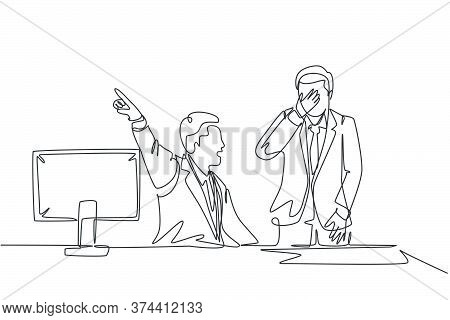 Single Continuous Line Drawing Of Young Angry Manager Yelling And Drive Away His Crying Male Staff O