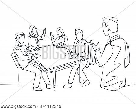 One Single Line Drawing Of Young Happy Manager Leading Presentation Of Company Annual Report At The 