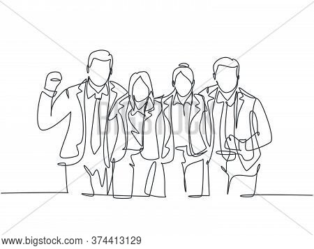 One Continuous Line Drawing Of Young Happy Male And Female Manager Standing Together And Hugging Eac