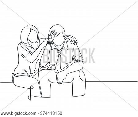 Single Continuous Line Drawing Of Young Female Worker Hugging And Cheering Her Sad And Despair Offic