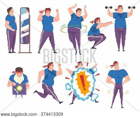Fat Man Doing Sport Exercises Set, Weight Loss Process, Young Overweight Man Getting Fit Cartoon Vec