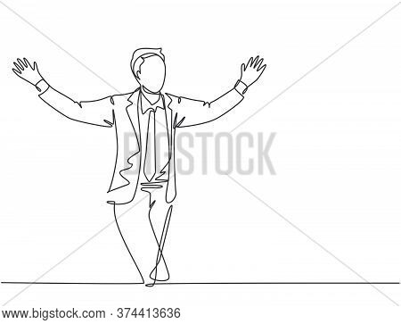 Single Continuous Single Line Drawing Of Young Happy Male Manager Running And Open His Hands After C