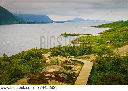 Fjord Landscape From Austnesfjorden Rest Area On Sildpollen Bay. Lofoten Islands Austvagoya, Norway.