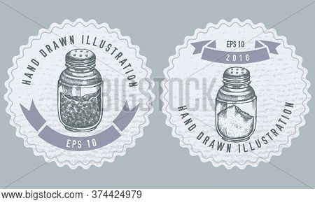 Monochrome Labels Design With Illustration Of Pepper Shaker, Salt Shaker Stock Illustration