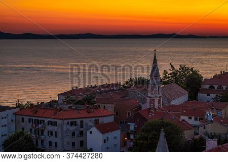 Sunset On The Adriatic Sea At The Croatian Town Of Zadar, Europe.