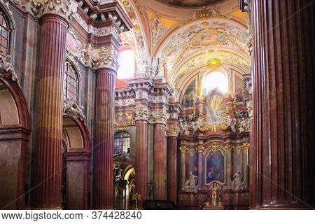 Poznan, Poland - May 05, 2015: Columns And Interiors Of A Fara Poznanska Baroque Parish And Collegia