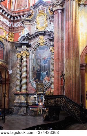 Poznan, Poland - May 05, 2015: Columns And Interiors Of A Fara Poznanska Baroque Parish And Collegia