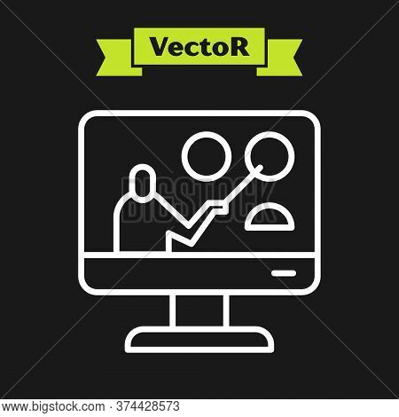 White Line Online Education And Graduation Icon Isolated On Black Background. Online Teacher On Moni