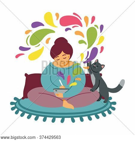 Girl Draws On A Tablet. The Cat Plays On The Carpet. Woman Cozily Spends Time At Favourite Job. Free