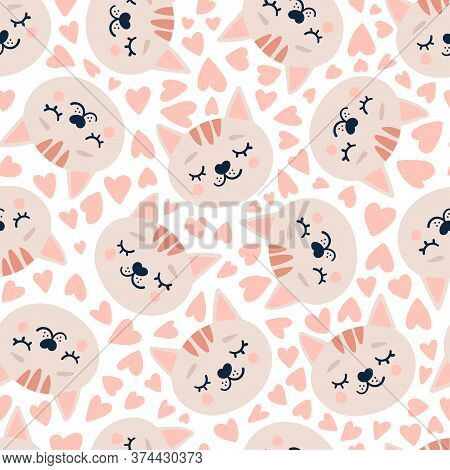 Cute Seamless Pattern With Sleeping Cats Heads And Hearts. Hand Drawn Background With Animal For Chi