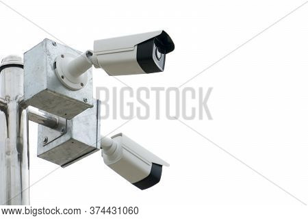 Two Cctv Camear Install On The Aluminum Block Same Pole. On Isolated White Background.