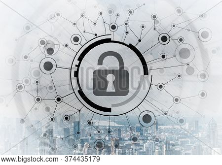 Cybersecurity Mixed Media With Virtual Locking Padlock On Cityscape Background. Data Privacy Protect