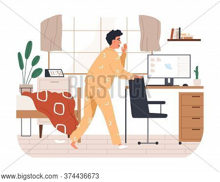 Yawn Freelancer Man Missing The Deadline Vector Flat Illustration. Remotely Work Employee Overslept 