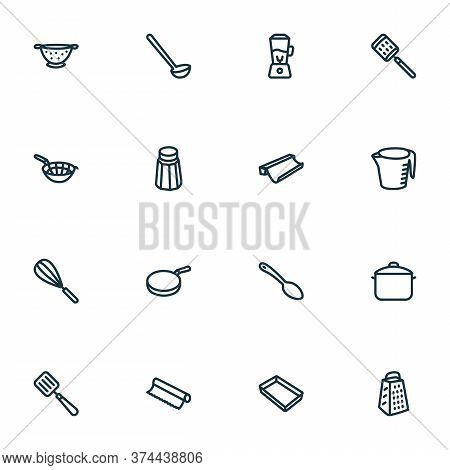 Dishware Icons Line Style Set With Pan, Blender, Tin Foil And Other Beater Elements. Isolated Vector