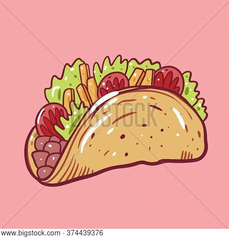 Taco Mexican Food. Cartoon Style. Flat Vector Illustration. Isolated On Soft Pink Background.