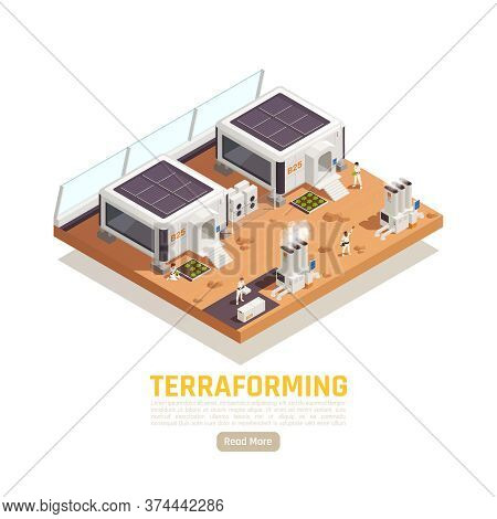 Space Colonization Terraforming Isometric Background With Planet Terrain And Living Buildings With P
